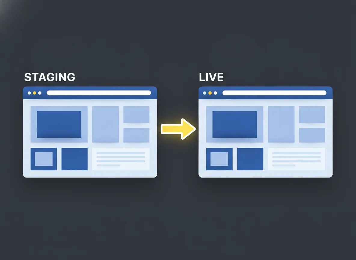 Twee identieke schermen, staging en live, met een pijl die geteste updates doorzet naar de live site