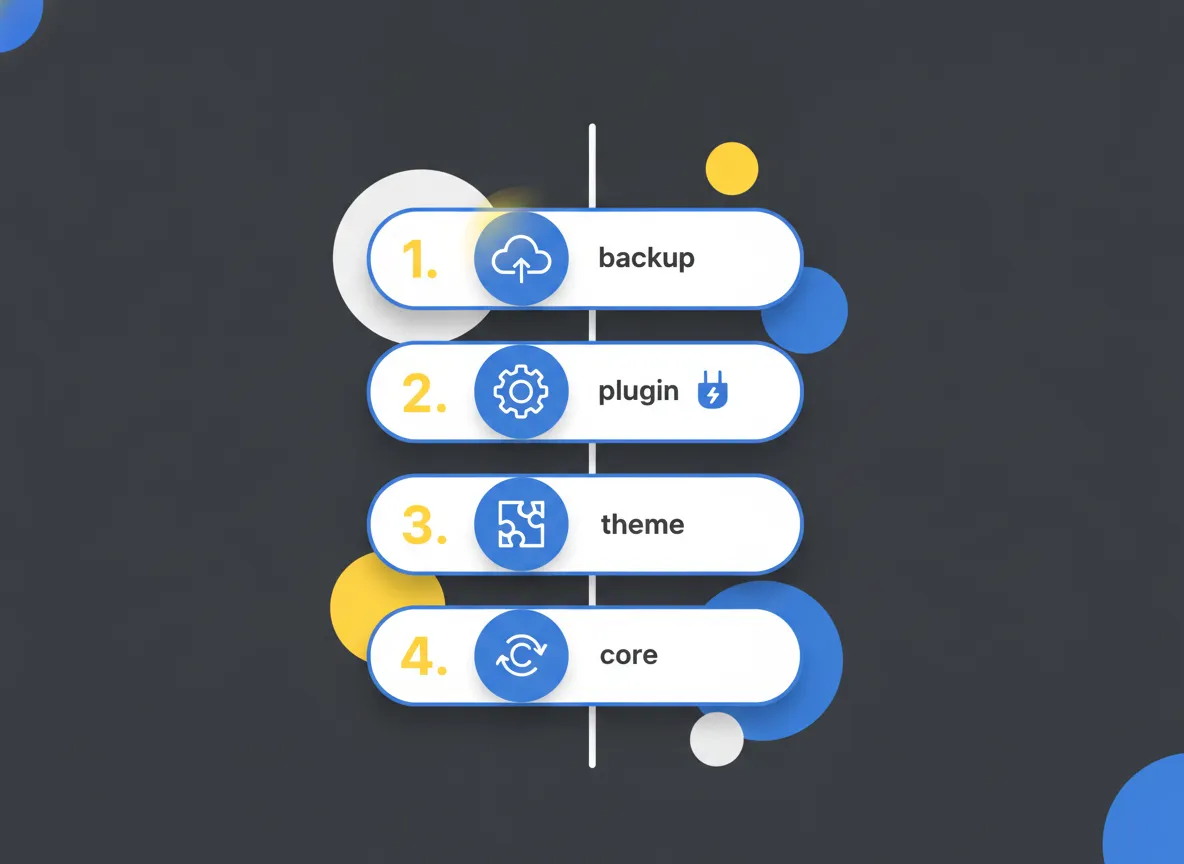 Genummerde checklist met back-up, plugins, thema en core als stappen voor het bijwerken