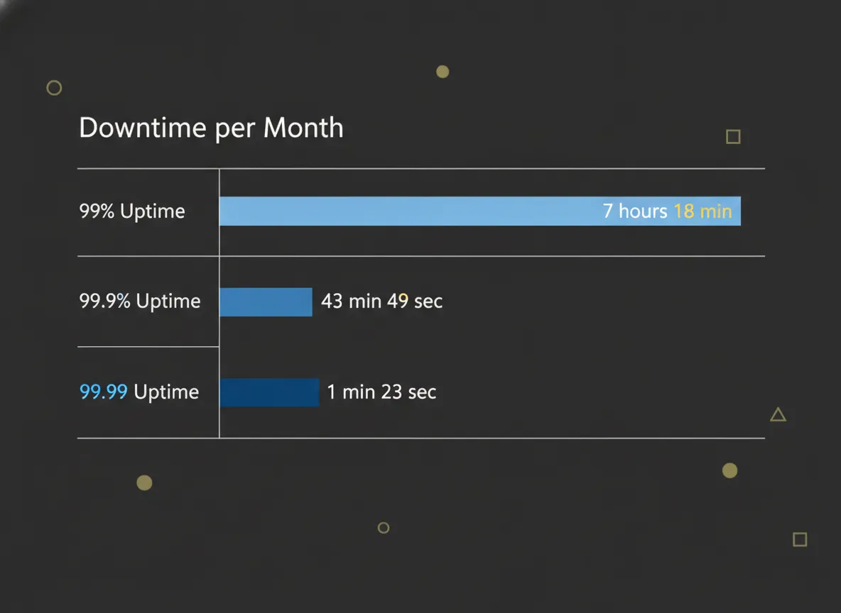 Vergelijking van downtime per maand bij 99, 99,9 en 99,99 procent uptime