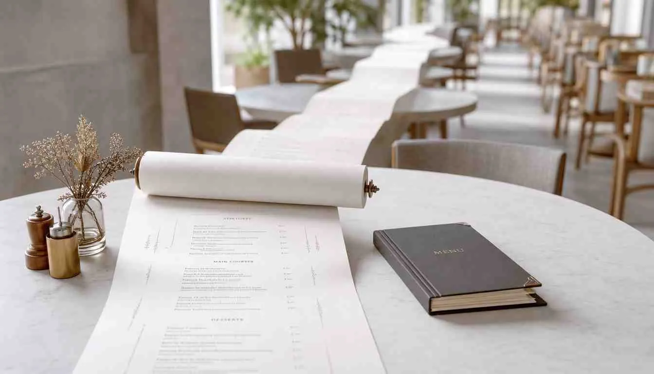 Een lange menukaart in de vorm van een scroll ligt uitgerold op een luxe marmeren tafel in een restaurant.