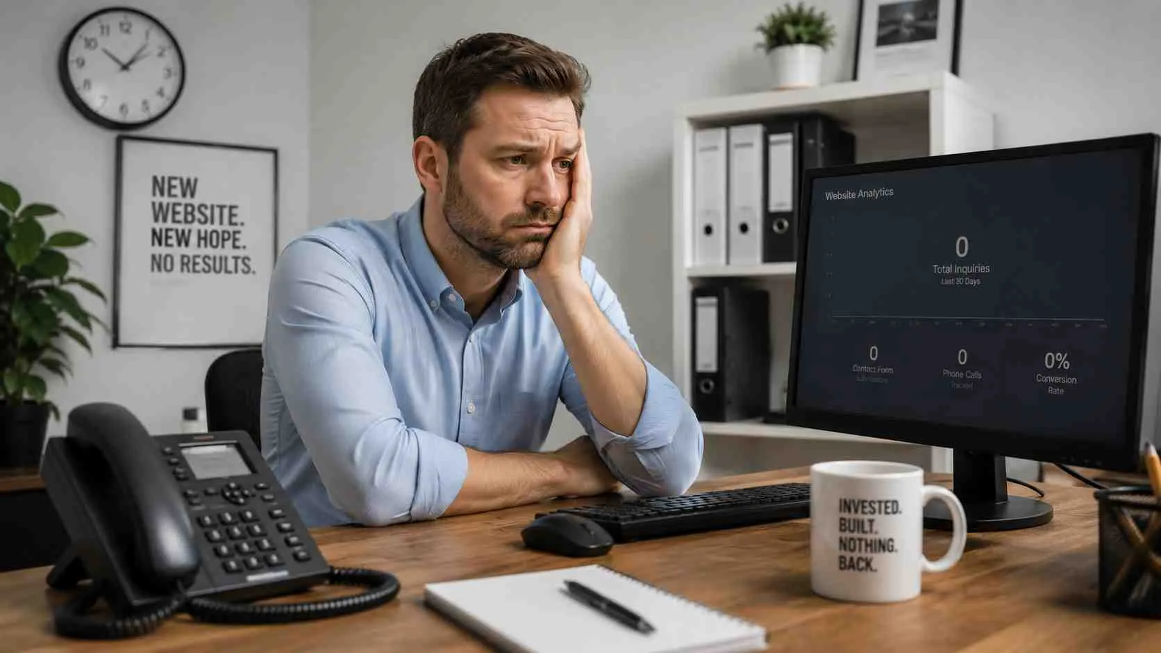 Een gefrustreerde zakenman kijkt naar een computerscherm met slechte website resultaten en nul inkomende leads.