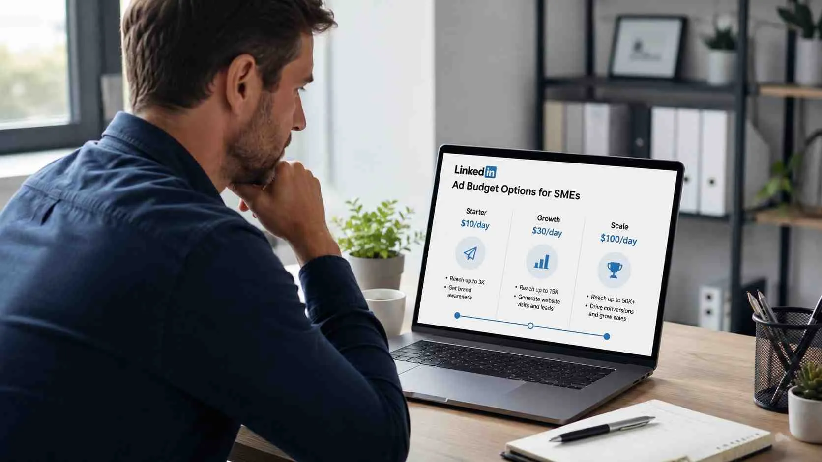 Een man kijkt naar een laptop waarop verschillende budgetopties voor LinkedIn-advertenties worden weergegeven voor kleine bedrijven.