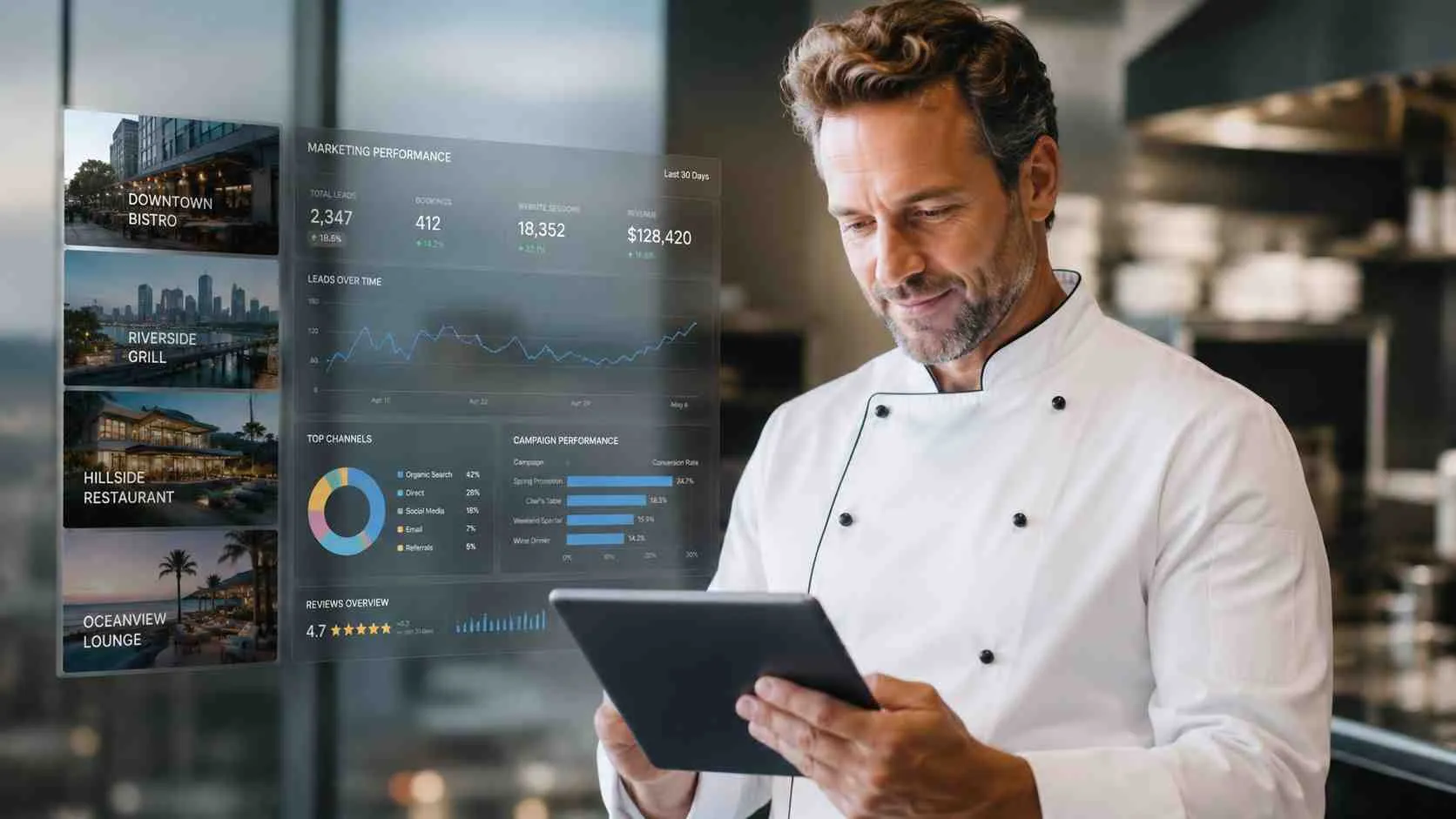 Een chef-kok bekijkt digitale marketingprestaties van zijn restaurants op een tablet met grafieken en statistieken.