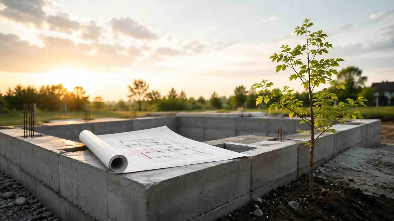 Een bouwtekening op een betonnen fundering met een kleine boom tijdens een zonsondergang op de achtergrond.