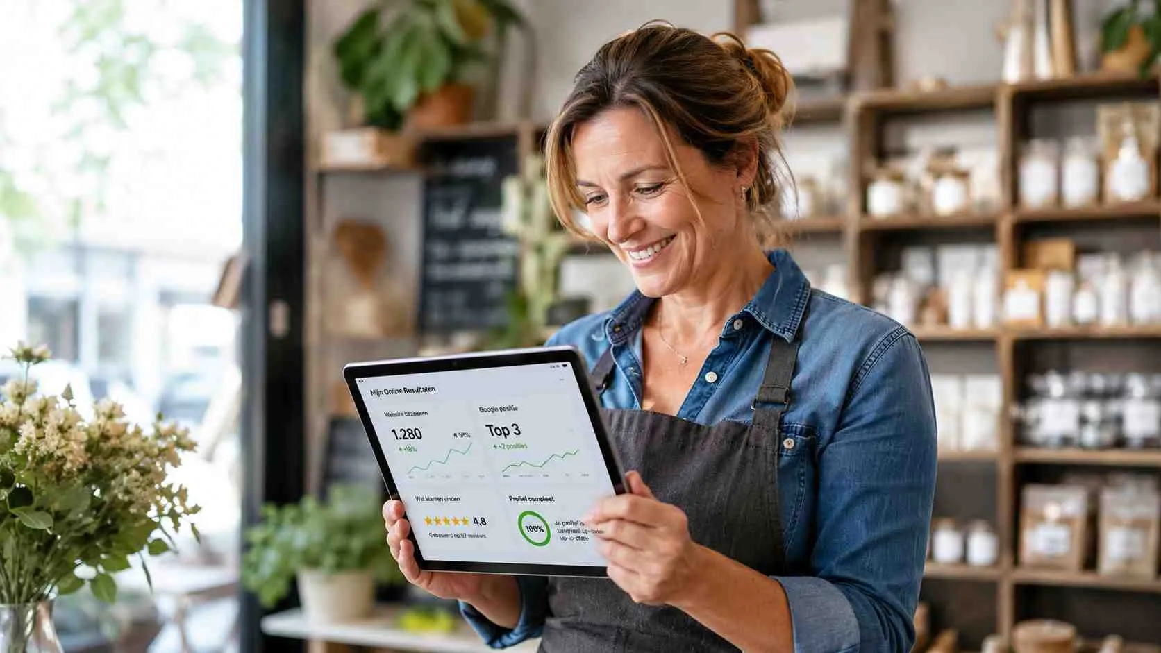 Een ondernemer bekijkt tevreden de online resultaten van haar bedrijf op een tablet in haar winkel.